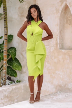 GWENDOLYN Cross Neck Pleat Waist Midi Dress In Chartreuse -Lavish Alice 15
