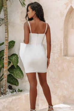 MICHELLE Extreme Bow Corset Detail Mini Dress In White Satin -Lavish Alice 17D