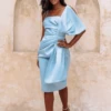 ALAYNA Extreme Bow Midi Dress In Baby Blue Satin