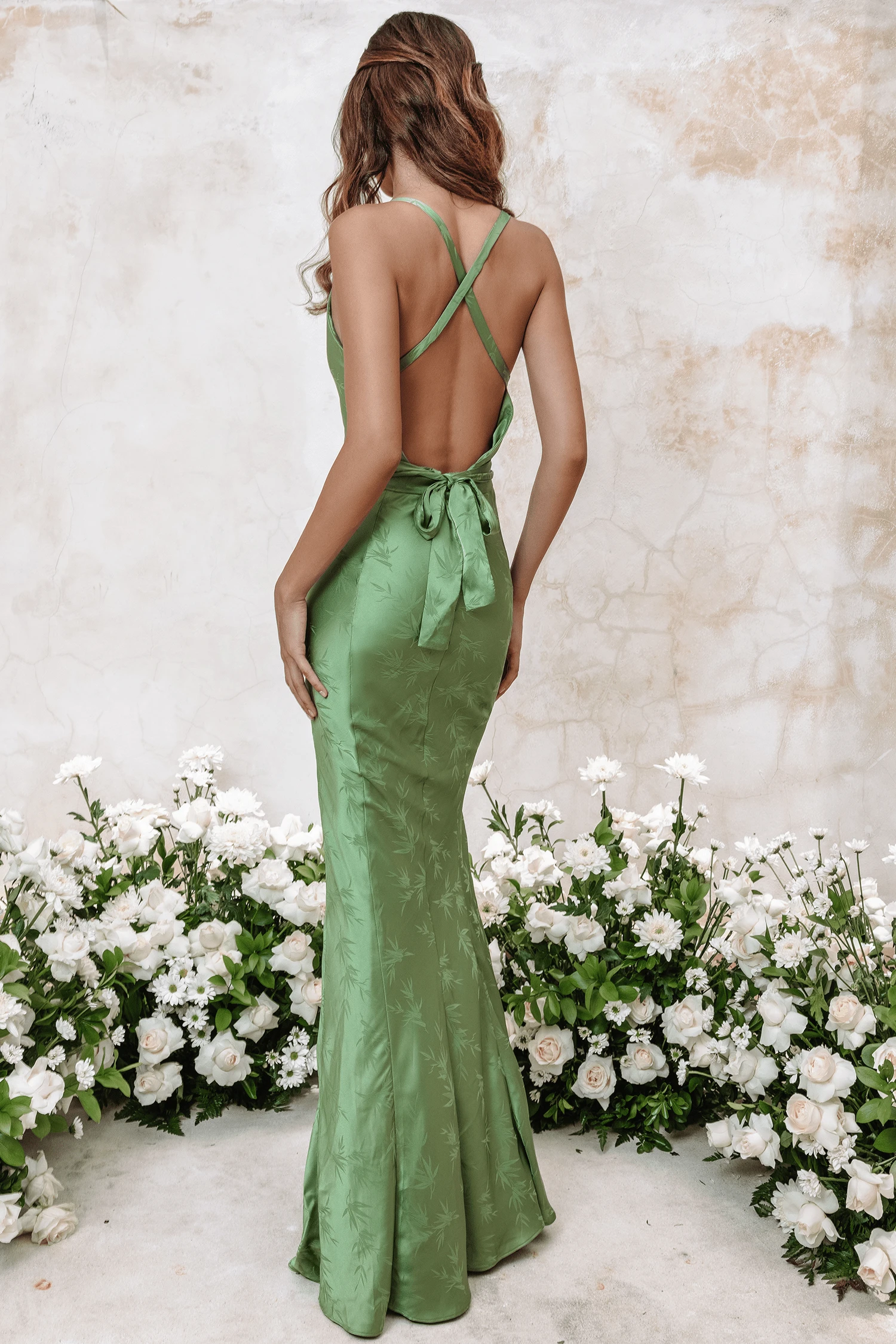 DANIELLA Satin Jaquard Cowl Neck Maxi Dress In Green 7 DANIELLA Satin Jaquard Cowl Neck Maxi Dress In Green - Image 5