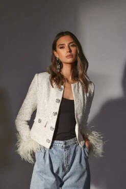 LARIA Sequin Boucle Cropped Jacket With Feather Cuffs In Beige 8 LARIA Sequin Boucle Cropped Jacket With Feather Cuffs In Beige -Lavish Alice 439EFDC2 1EE2 4E43 9676 6B42E2780B62