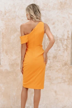 CELINE One Shoulder Pleat Detail Midi Dress In Orange -Lavish Alice 56d
