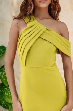 SERENA One Shoulder Asymmetric Ponte Midi Dress In Olive Green -Lavish Alice 57b