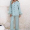 TILLY Feather Trim Satin Pyjama In Sage -Lavish Alice 60
