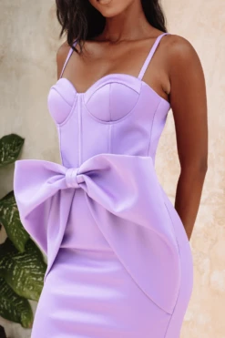 SHILOH Extreme Bow Corset Detail Midi Dress In Lavender Satin -Lavish Alice 8C a718ec98 bf69 47c2 b632 a4045296e77a