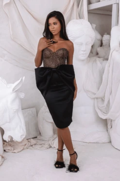 ALEXANDRIA Extreme Bow Corset Detail Satin Midi Dress In Black -Lavish Alice ALEXANDRIA 3