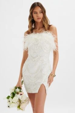 ORELIA Embellished Mini Dress With Feather Trim In White