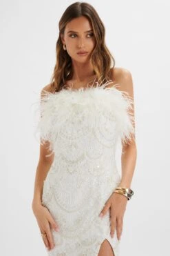 ORELIA Embellished Mini Dress With Feather Trim In White -Lavish Alice BR 27101 WHT 10889