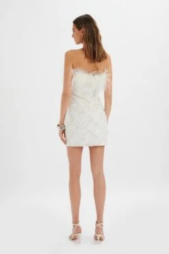 ORELIA Embellished Mini Dress With Feather Trim In White -Lavish Alice BR 27101 WHT 10902