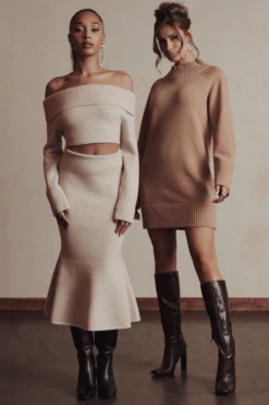 LILIAN Knitted Cashmere Mini Jumper Dress In Camel -Lavish Alice CamelJumperDress