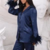 HELEN Feather Trim Satin Jacquard Pyjama In Navy -Lavish Alice HELEN 5