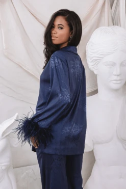 HELEN Feather Trim Satin Jacquard Pyjama In Navy -Lavish Alice HELEN 6