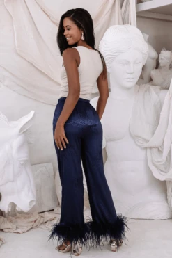 HELEN Feather Trim Satin Jacquard Pyjama In Navy -Lavish Alice HELEN 8