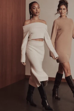 ELENI Knitted Wool Fit & Flare Midi Skirt In Stone -Lavish Alice KnittedSet