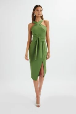 BRIELLE Obi Belt Halterneck Midi Dress In Green -Lavish Alice LA 152DS21C GRN 4965
