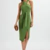 BRIELLE Obi Belt Halterneck Midi Dress In Green
