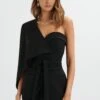 JUNO Obi Belted Asymmetric Cape Blazer In Black