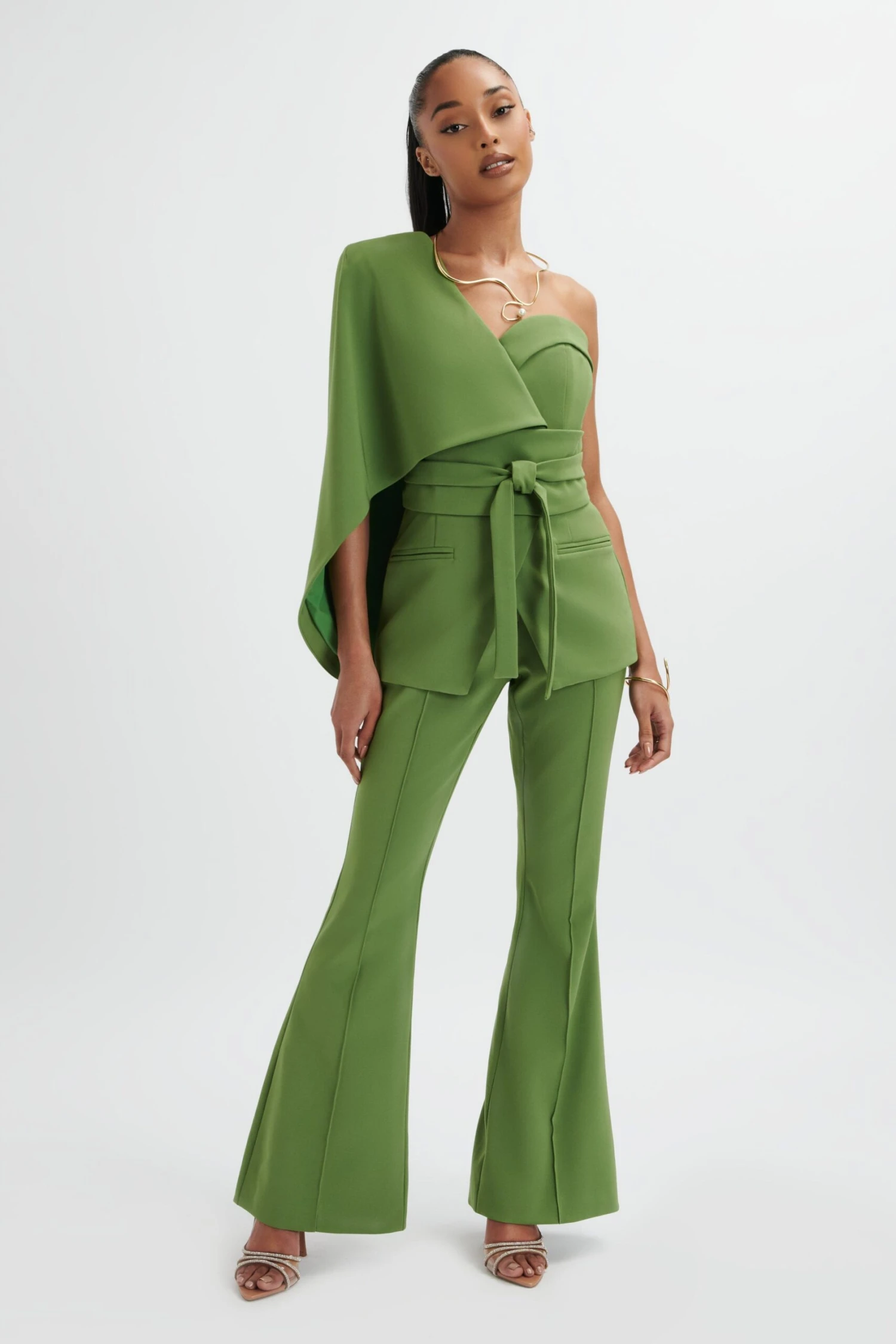 JUNO Obi Belted Asymmetric Cape Blazer In Green 4 JUNO Obi Belted Asymmetric Cape Blazer In Green - Image 2