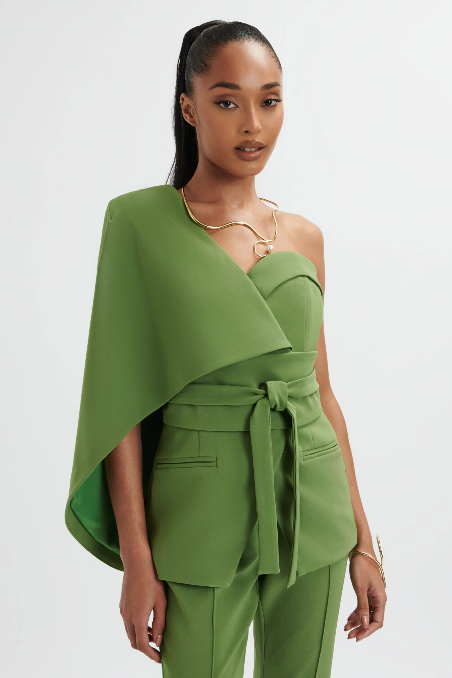 JUNO Obi Belted Asymmetric Cape Blazer In Green 3 JUNO Obi Belted Asymmetric Cape Blazer In Green