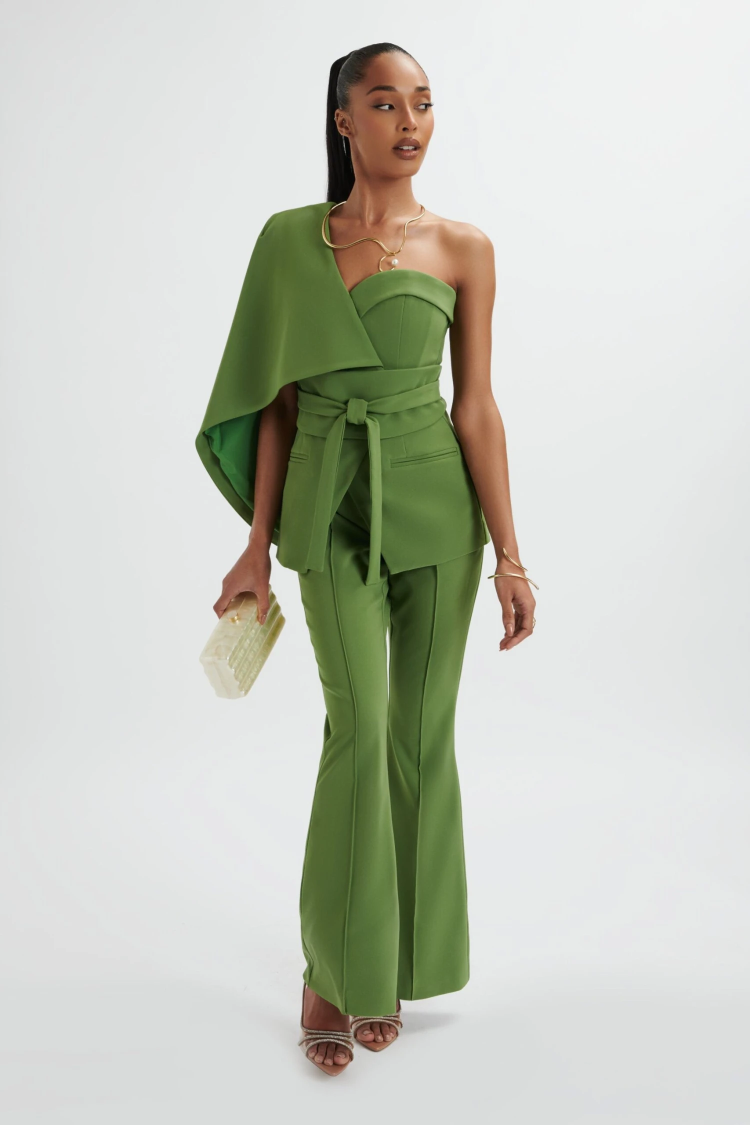 JUNO Obi Belted Asymmetric Cape Blazer In Green 6 JUNO Obi Belted Asymmetric Cape Blazer In Green - Image 4
