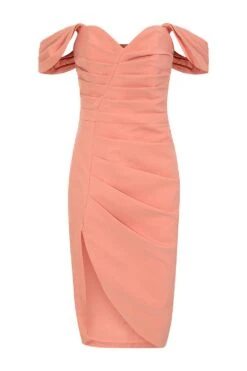 HAILEY Pleated Bardot Midi Dress In Coral -Lavish Alice LA 183DS04A ORN 1