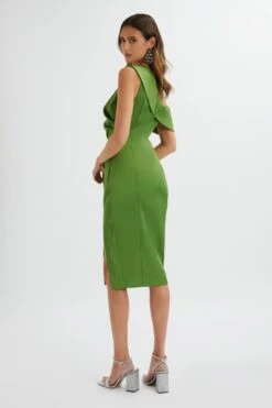 AUTUMN Pleated One Shoulder Bonded Satin Midi Dress In Green -Lavish Alice LA 183DS20B GRN 4673