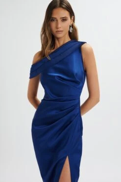 AUTUMN Pleated Asymmetric Structured Satin Midi Dress In Navy -Lavish Alice LA 183DS20B NVY 5219
