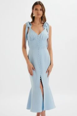 KAMILA Tie Strap Micro Button Midi Dress In Deep Corn Flower Blue -Lavish Alice LA 213DS24A BLU 7410