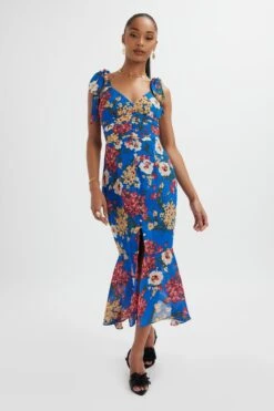 KAMILA Tie Strap Micro Button Longline Midi Dress In Blue Floral Satin -Lavish Alice LA 213DS24F BLU 1057