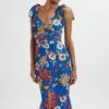 KAMILA Tie Strap Micro Button Longline Midi Dress In Blue Floral Satin -Lavish Alice LA 213DS24F BLU 1083