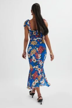 KAMILA Tie Strap Micro Button Longline Midi Dress In Blue Floral Satin -Lavish Alice LA 213DS24F BLU 1108