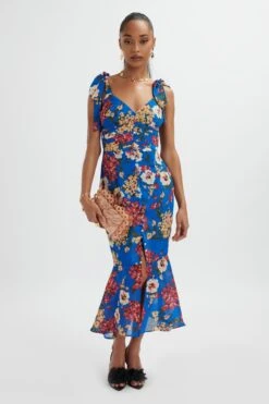 KAMILA Tie Strap Micro Button Longline Midi Dress In Blue Floral Satin -Lavish Alice LA 213DS24F BLU 1114