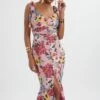 KAMILA Tie Strap Micro Button Longline Midi Dress In Pink Floral Satin -Lavish Alice LA 213DS24F PNK 1257
