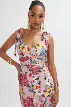 KAMILA Tie Strap Micro Button Longline Midi Dress In Pink Floral Satin -Lavish Alice LA 213DS24F PNK 1265
