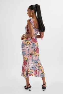 KAMILA Tie Strap Micro Button Longline Midi Dress In Pink Floral Satin -Lavish Alice LA 213DS24F PNK 1281