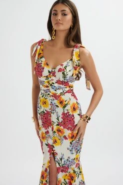 KAMILA Tie Strap Micro Button Longline Midi Dress In White Floral Satin -Lavish Alice LA 213DS24F WHT 5081