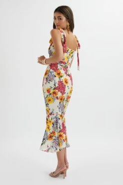 KAMILA Tie Strap Micro Button Longline Midi Dress In White Floral Satin -Lavish Alice LA 213DS24F WHT 5093