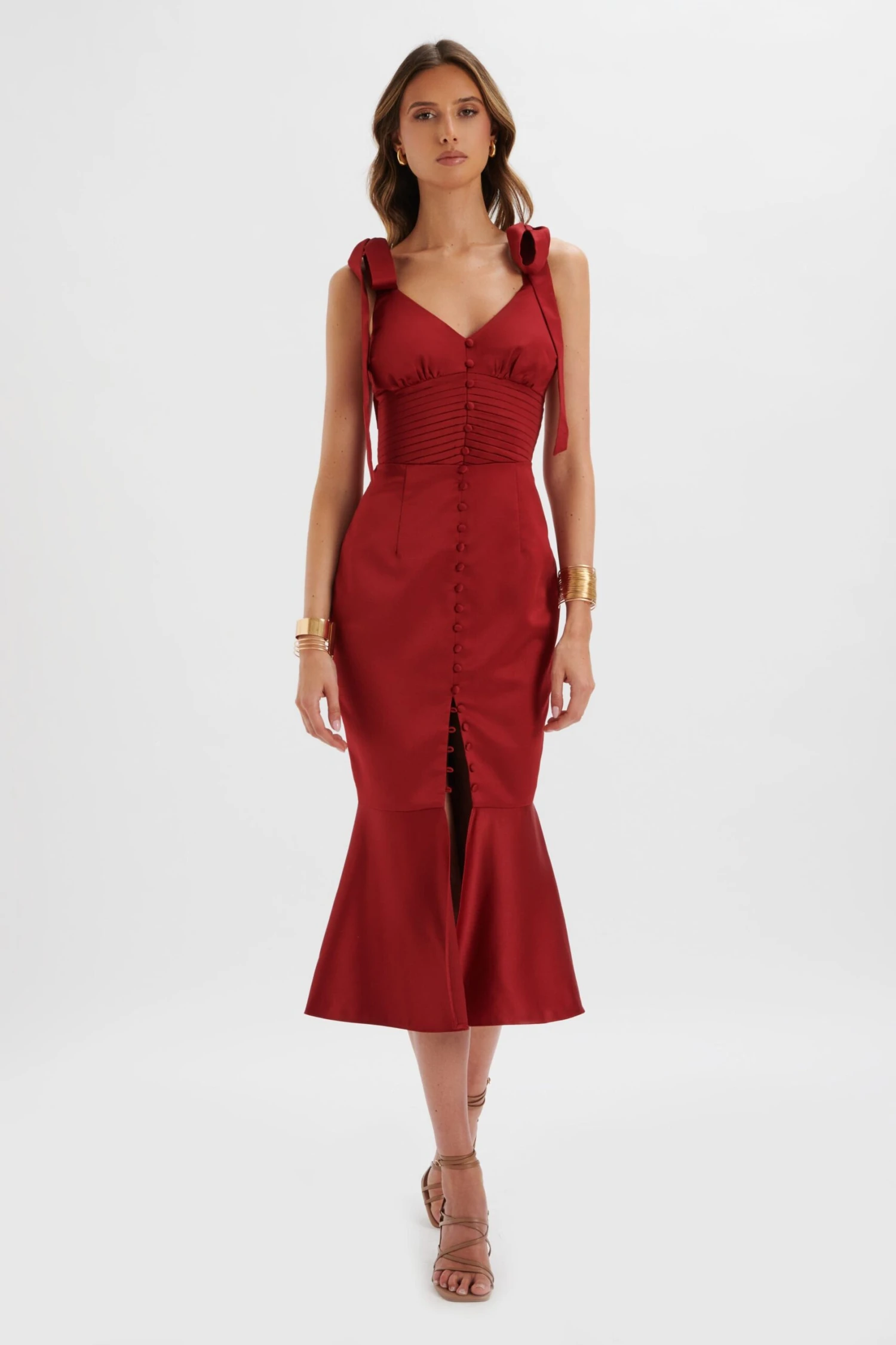 KAMILA Tie Strap Micro Button Satin Midi Dress In Burgundy 4 KAMILA Tie Strap Micro Button Satin Midi Dress In Burgundy - Image 2