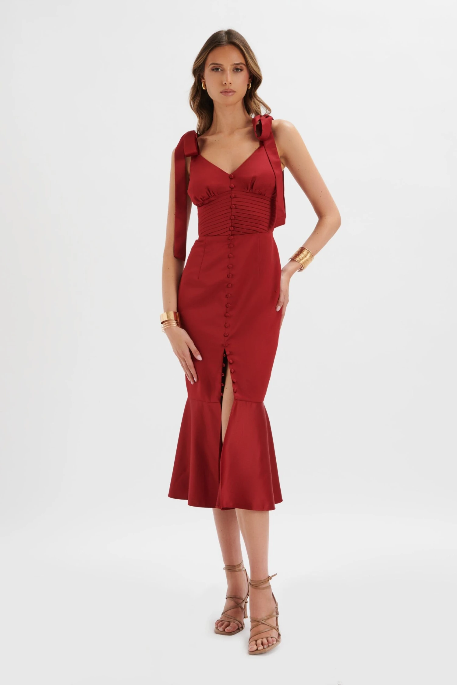 KAMILA Tie Strap Micro Button Satin Midi Dress In Burgundy 3 KAMILA Tie Strap Micro Button Satin Midi Dress In Burgundy