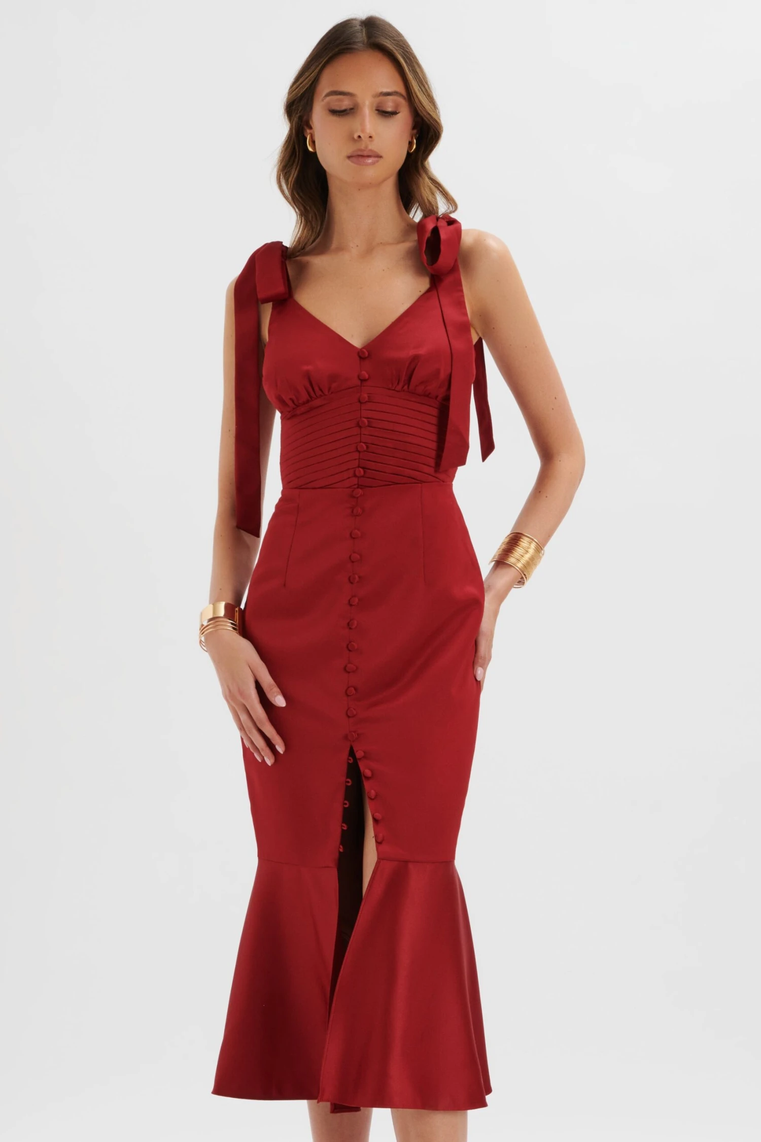 KAMILA Tie Strap Micro Button Satin Midi Dress In Burgundy 5 KAMILA Tie Strap Micro Button Satin Midi Dress In Burgundy - Image 3