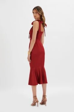 KAMILA Tie Strap Micro Button Satin Midi Dress In Burgundy 9 KAMILA Tie Strap Micro Button Satin Midi Dress In Burgundy -Lavish Alice LA 213DS24G BRG 5388