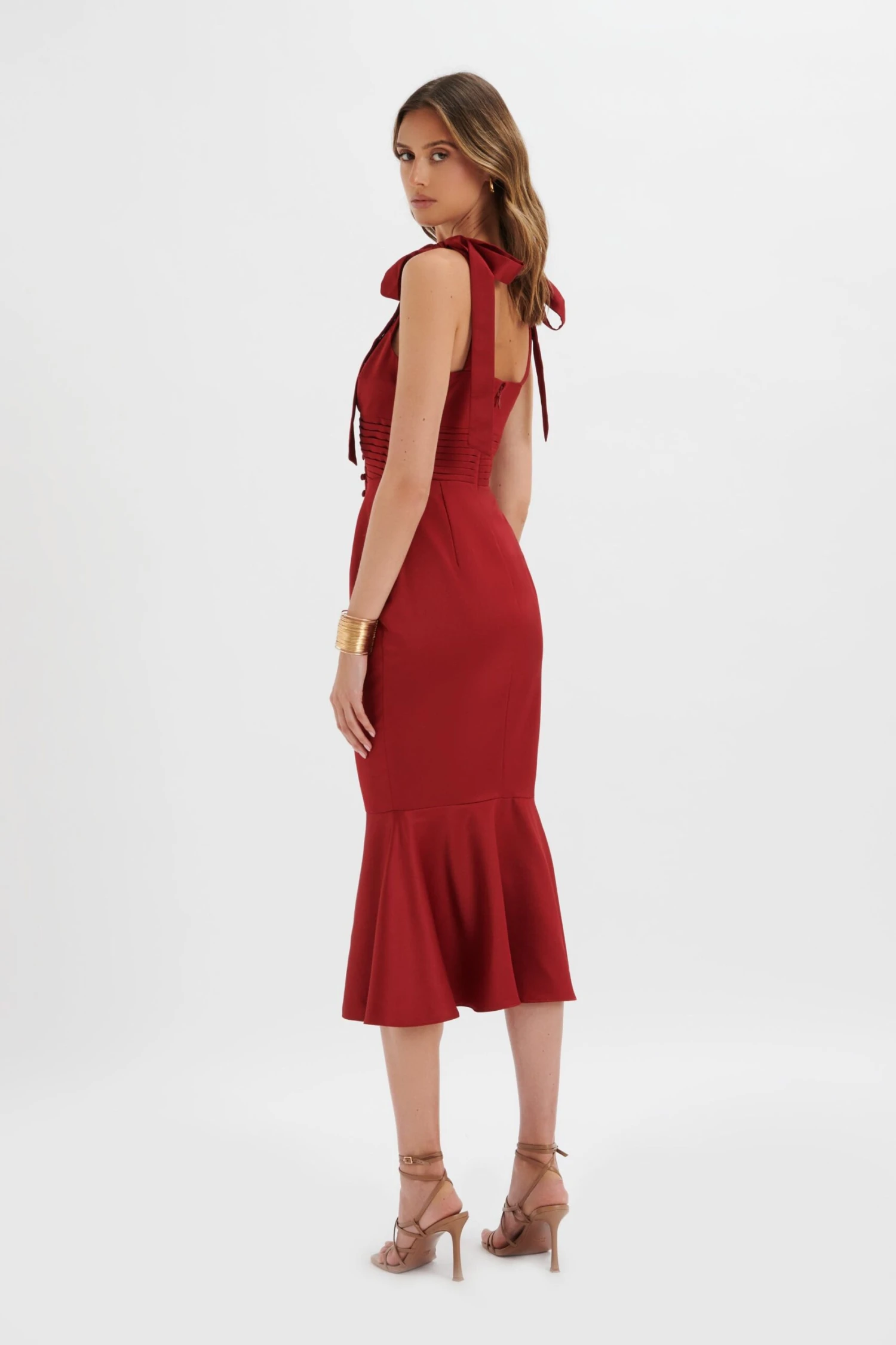 KAMILA Tie Strap Micro Button Satin Midi Dress In Burgundy 6 KAMILA Tie Strap Micro Button Satin Midi Dress In Burgundy - Image 4