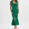 KAMILA Tie Strap Micro Button Satin Midi Dress In Emerald Green