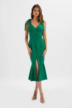 KAMILA Tie Strap Micro Button Satin Midi Dress In Emerald Green