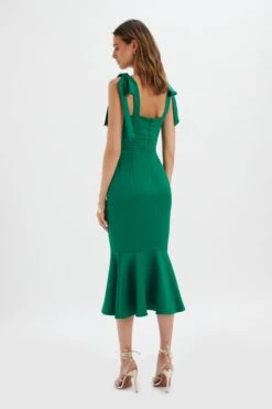 KAMILA Tie Strap Micro Button Satin Midi Dress In Emerald Green -Lavish Alice LA 213DS24G GRN 7313