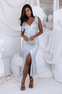 KAMILA Tie Strap Micro Button Sequin Midi Dress In Silver