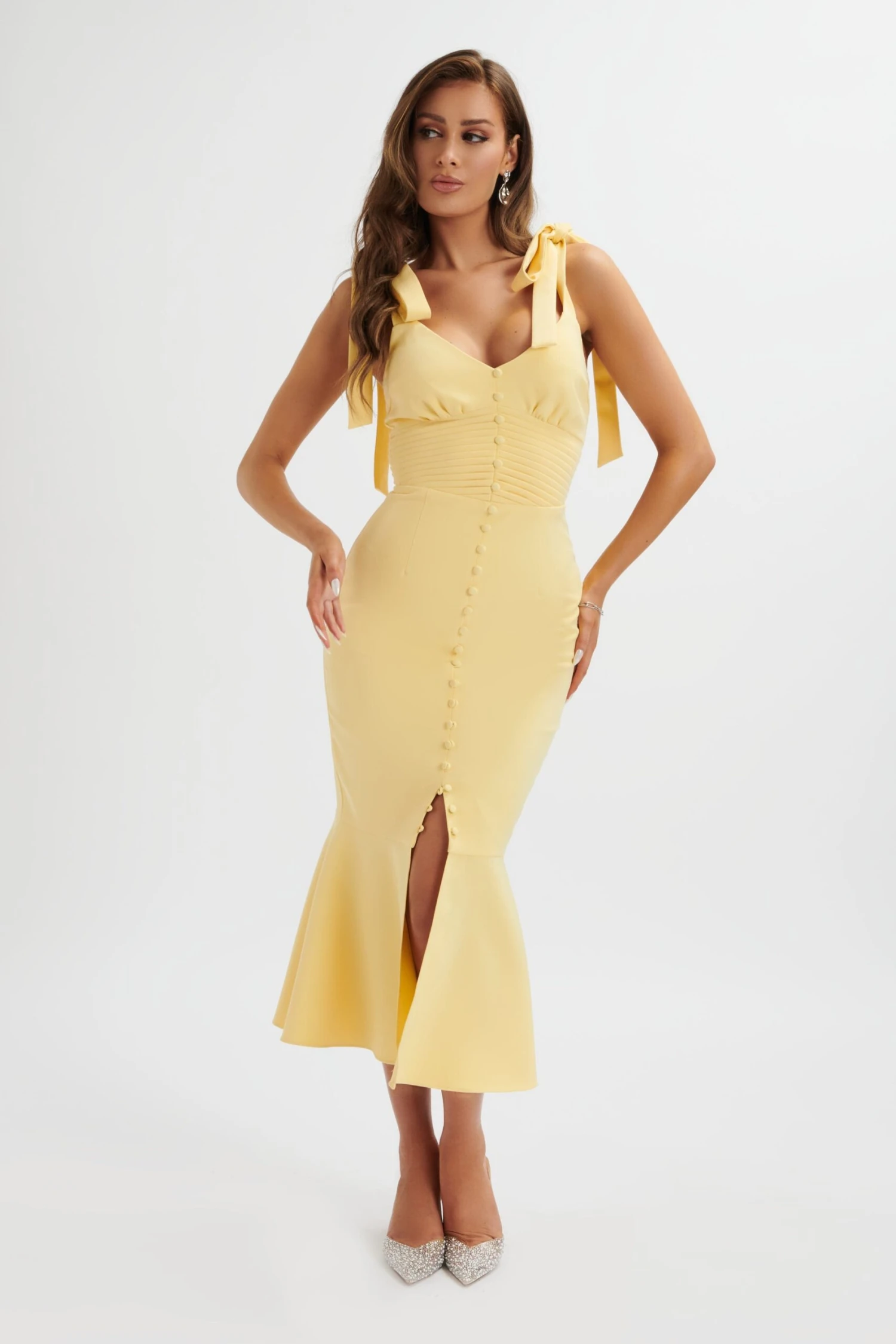 KAMILA Tie Strap Micro Button Longline Midi Dress In Pastel Yellow 5 KAMILA Tie Strap Micro Button Longline Midi Dress In Pastel Yellow - Image 3