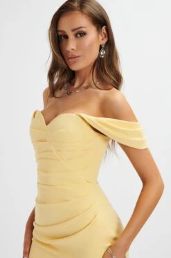 JULIA Pleated Bardot Midi Dress In Yellow -Lavish Alice LA 213DS56A YEL 2013