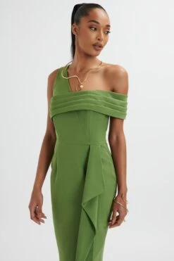 HANNAH Pleated Asymmetric Off Shoulder Midi Dress In Green -Lavish Alice LA 213DS57A GRN 1809