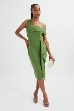 HANNAH Pleated Asymmetric Off Shoulder Midi Dress In Green -Lavish Alice LA 213DS57A GRN 1819